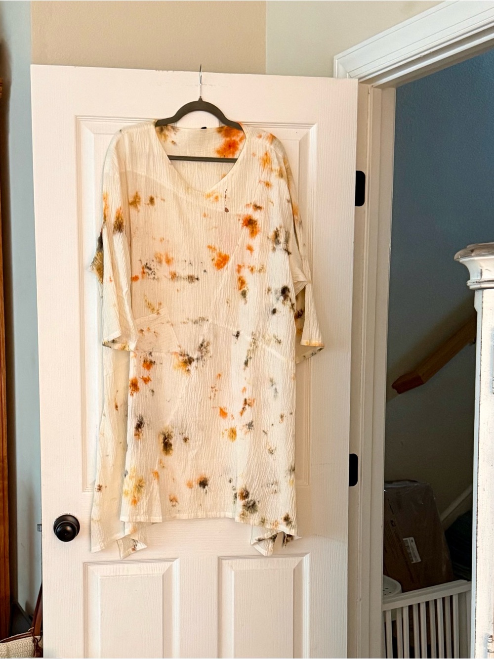 V-Neck Long Sleeve Tunic Dress in Cream with Orange and Brown Accents